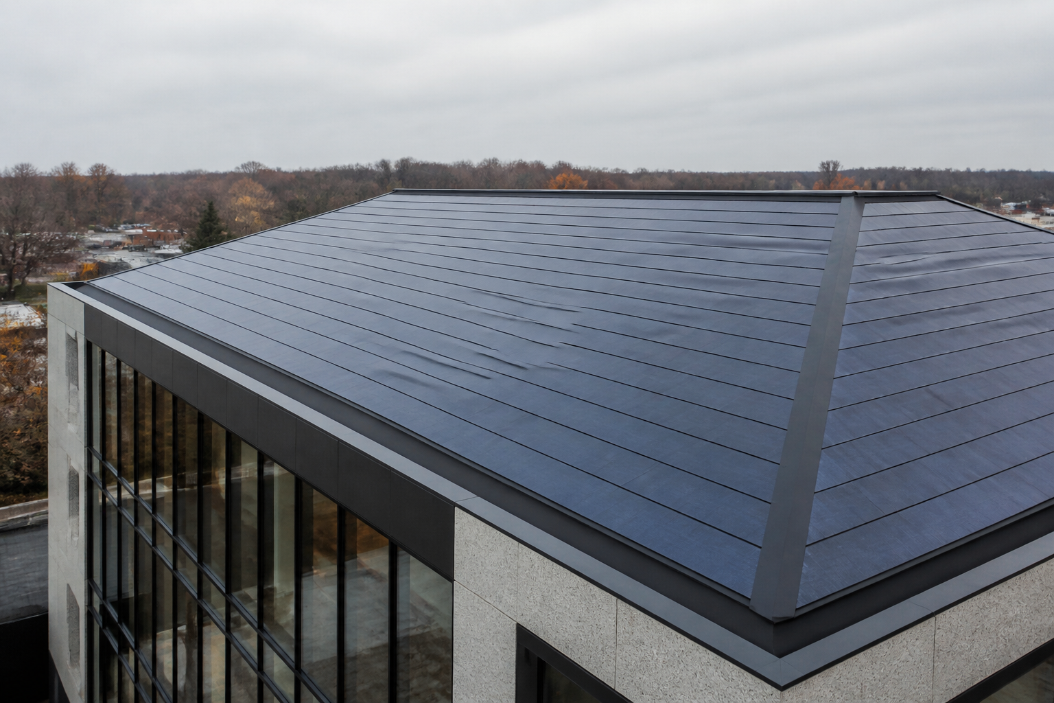 Solar roof tiles installed on a commercial building