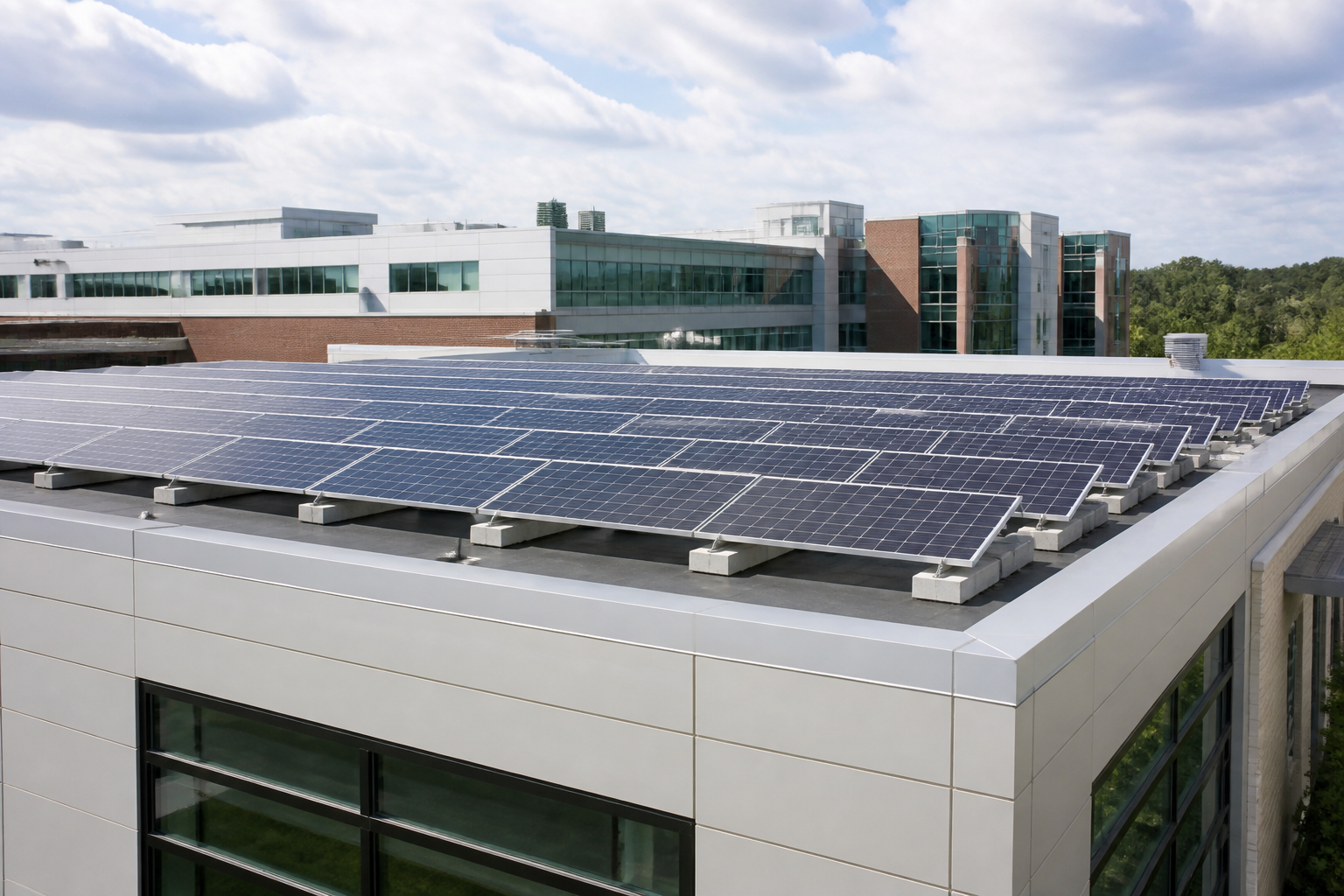 Rooftop solar panels on an institutional building