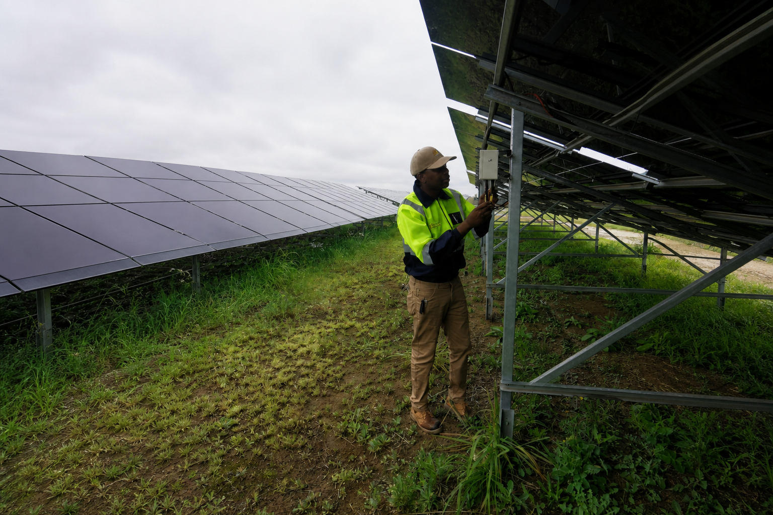 Technician performing maintenance on a solar panel array